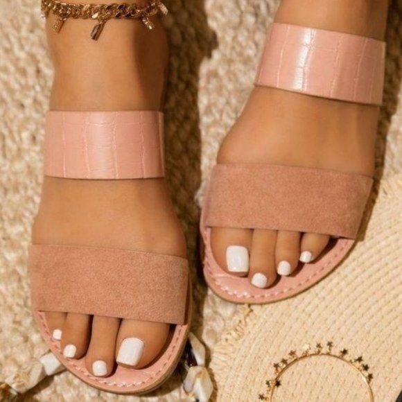 Shoes - Double Strap Faux Croc &  Suede Sandals in Blush